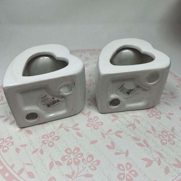 2 Valentine’s Galentine’s Day Heart Candle Holders White Ceramic NWT - Picture 5 of 9